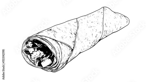 Close-up of a rolled wrap with visible grilled meat and vegetables inside, Vectorized Food Art