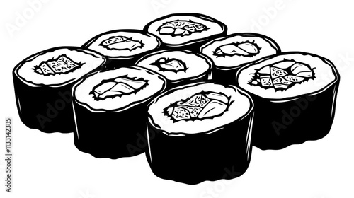 Close-up of sushi rolls with visible fillings and toppings, Vectorized Food Art