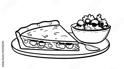 Close-up view of quiche slice on a plate, visible filling layers, and small salad bowl, Vectorized Food Art