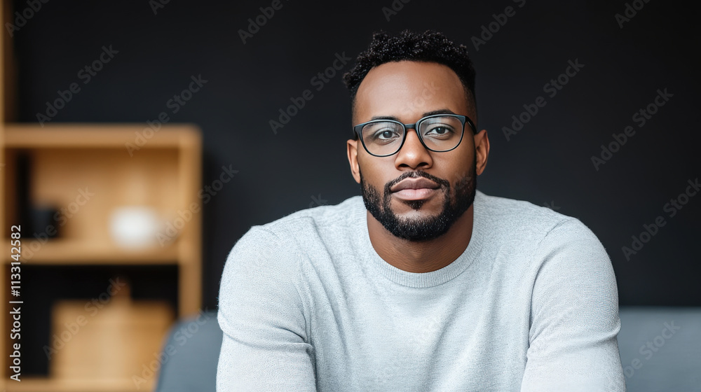 Obraz premium Thoughtful man in casual gray sweater sitting on a couch in modern living room, looking confidently at camera with a blurred background of furniture