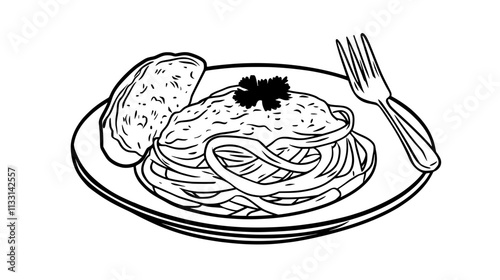 Fettuccine pasta with Alfredo sauce served with a slice of bread, Vectorized Food Art
