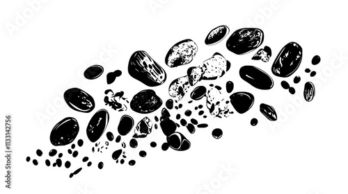 Handful of trail mix ingredients spread loosely on a smooth surface, Vectorized Food Art
