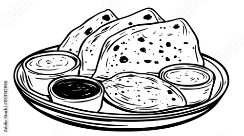 Naan arranged on a serving dish with a variety of dipping sauces, Vectorized Food Art