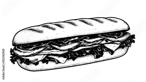 Overhead view of Italian sub sandwich with visible layers of deli meat and vegetables, Vectorized Food Art