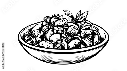 Pasta salad with vegetables dressed on a white plate, Vectorized Food Art