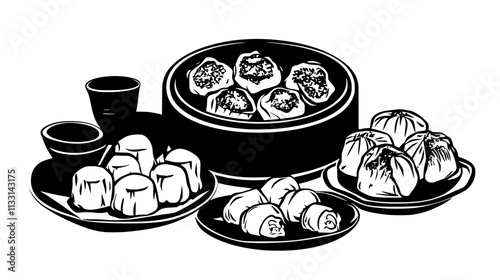 Plate of dim sum with a variety of dumplings and buns on a table, Vectorized Food Art