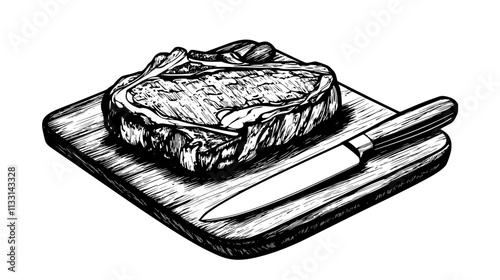 Ribeye steak resting on a wooden cutting board with a knife beside it, Vectorized Food Art