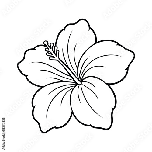 Black and white outline of a hibiscus flower with detailed petals and stamens