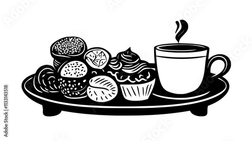 Selection of pastries arranged on a ceramic tray next to a cup of tea, Vectorized Food Art