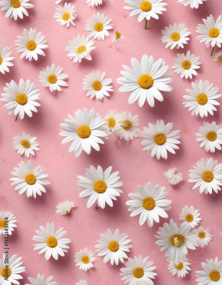 Obraz premium Pastel pink textured background with scattered white daisy petals, soft pastel, macro, surface