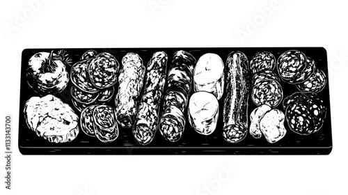 Several charcuterie arranged carefully in rows on a flat serving board, Vectorized Food Art