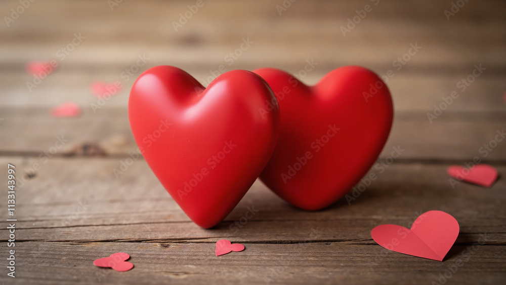 Fototapeta premium Valentines day background with two red hearts on wooden background