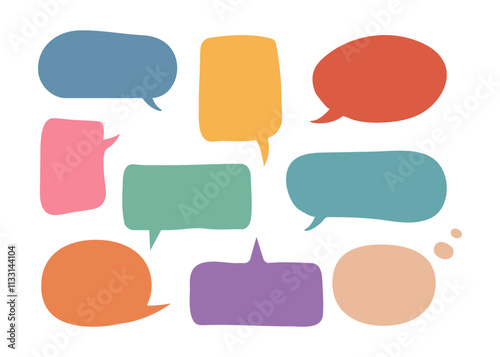 Multicolored communication speech bubbles set. Hand drawn text boxes. Templates for chats and social media.