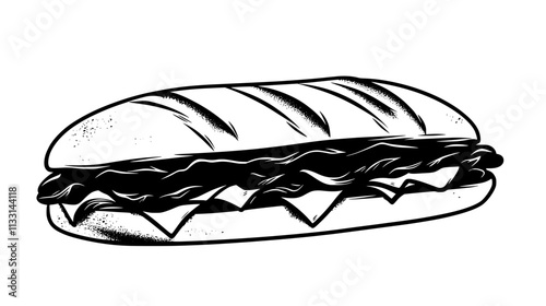 Sub sandwich with visible layers of meat and cheese, lying flat on a plain surface, Vectorized Food Art