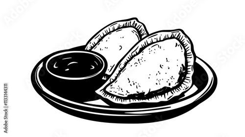 Two beef empanadas on a tray with a bowl of sauce, Vectorized Food Art