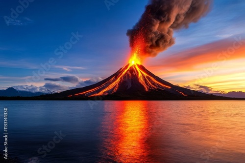 A dramatic shot of a volcano erupting on a small island, with steam rising as lava meets the ocean