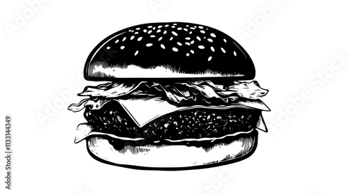 Vegan burger with patty and plant-based fillings, resting on a flat surface, Vectorized Food Art
