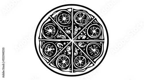 Vegetarian pizza with sliced vegetables symmetrically arranged on the surface, Vectorized Food Art