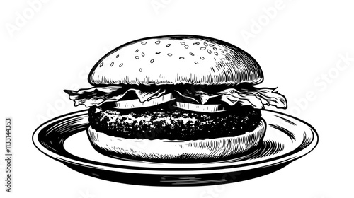 Veggie patty with lettuce, tomato, and pickles on a whole wheat bun on a plate, Vectorized Food Art