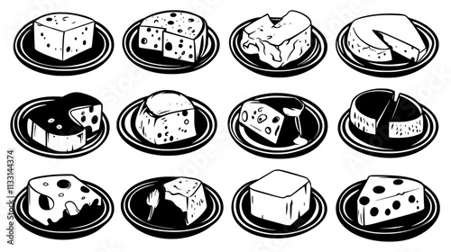 Various cheeses arranged carefully in rows on a white plate, Vectorized Food Art