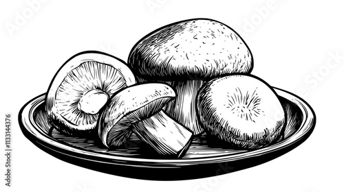 Whole and sliced porcini mushrooms placed on a serving platter, Vectorized Food Art