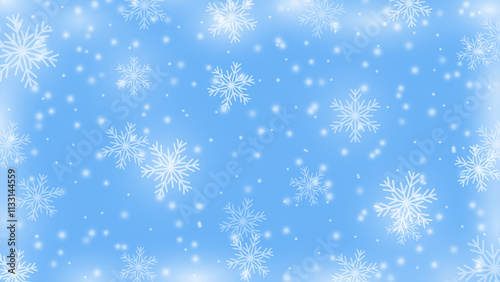 Frosty winter background with snowflakes. New Year's blue and white snow texture.