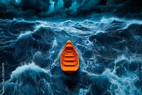 A dramatic stormy sea with a small boat rowing away from a massive ship, symbolizing perilous escape