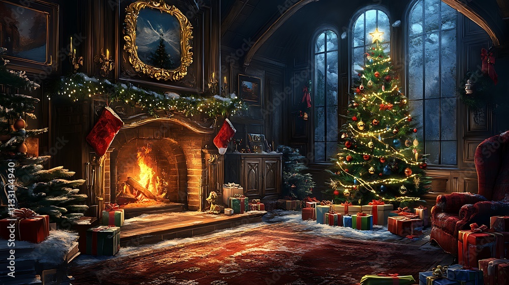 Obraz premium Magical Christmas interior featuring a bright glowing tree a crackling warm fireplace and decorated gifts in darkness
