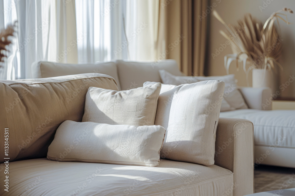 Obraz premium Cozy beige sofa with soft pillows in a bright living room filled with natural light and neutral decor.