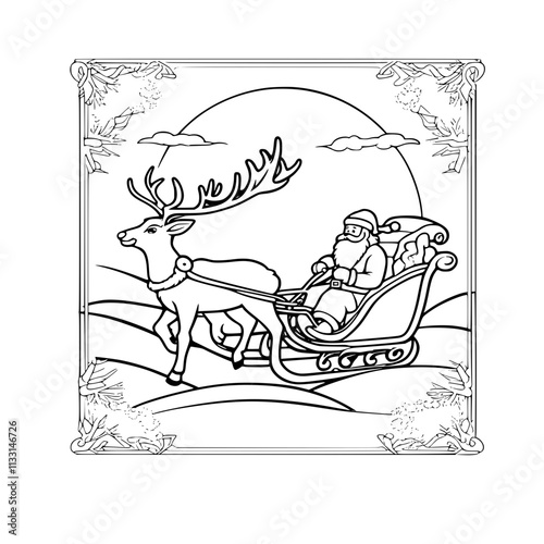 A black and white line drawing of Santa Claus riding a sleigh pulled by reindeer.