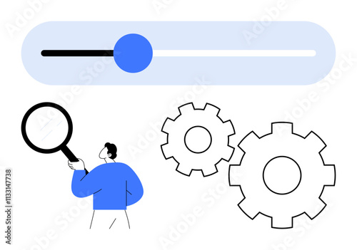 Man holding magnifying glass, progress slider bar, and two gears as main elements. Ideal for analysis, progress tracking, settings, optimization, development search and technology themes. Line