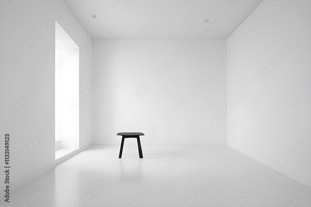 Fototapeta premium Small black table standing in empty white room with window