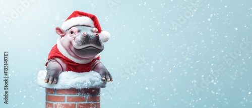 A festive hippo wearing a Santa hat and scarf sits atop a chimney, surrounded by falling snowflakes, adding a whimsical holiday touch. photo