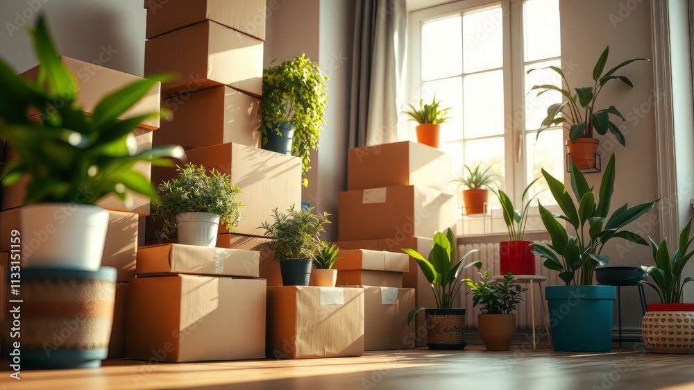 Fototapeta premium New Home Cardboard Boxes and Plants - Moving Day Delightful Photo