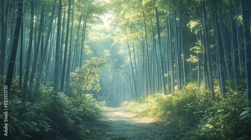 a forest with a sun shining through the trees, dense bamboo forest with dappled sunlight filtering through