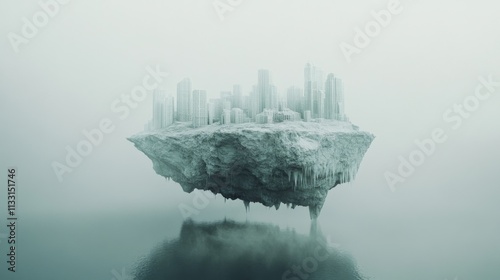 Ghostly cityscape floats above icy waters, creating an eerie yet captivating vision of urban isolation and surreal beauty.