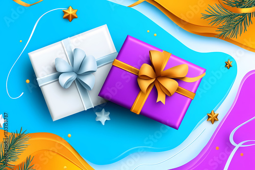 Two white and purple gifts with gold bows on a blue background