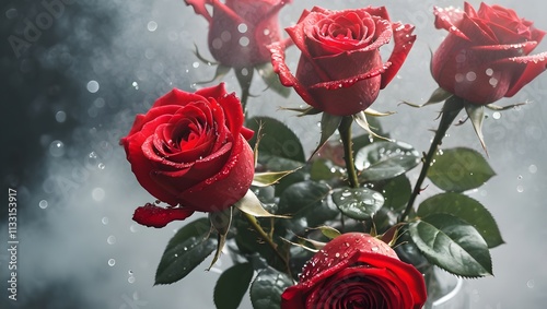 Red roses with a sparkling water mist photo