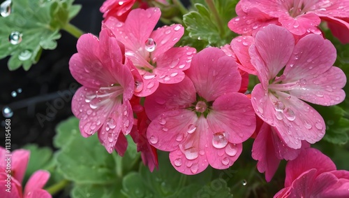 Close up of pink geraniums with raindrops photo