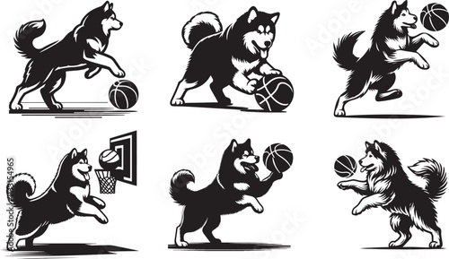 Basketball-playing Alaskan Malamute silhouette vector dogs in a monochrome artistic style.
