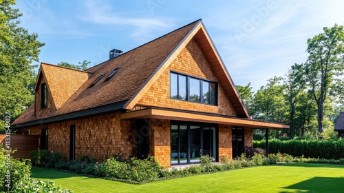 Wallpaper Mural Detailed View of Contemporary Home Featuring Cedar Shake Roof Amidst Lush Summer Landscape Torontodigital.ca