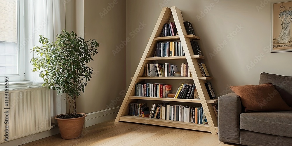 Fototapeta premium ladder bookshelf in the corner brown grey living room with beige wooden floor and sofa floor