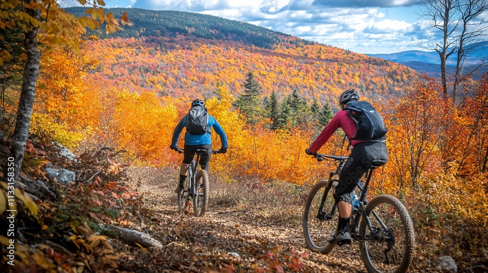 Fototapeta premium Two mountain bikers ride a trail through vibrant autumn foliage.