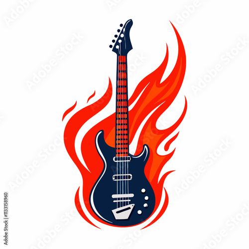 Electric guitar on fire, hot rock music guitar in flames vector illustration (8)