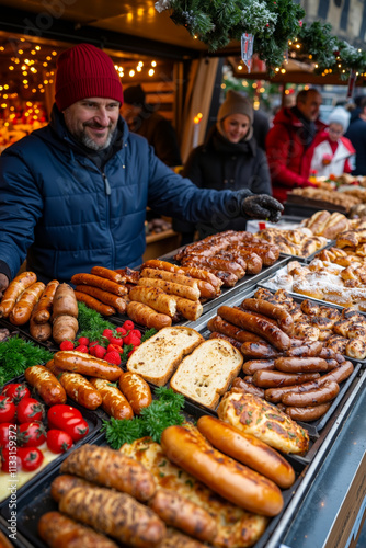 A man standing in front of a table full of sausages and bread photo