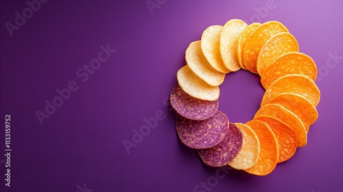 Colorful arrangement of tortilla chips in a circular pattern on a vibrant purple background. photo