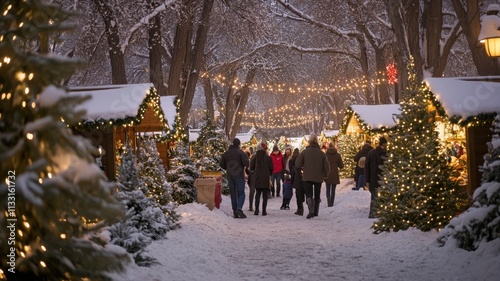 Family enjoys, half-length portrait, the magic of picking out a Christmas tree at a festive outdoor market