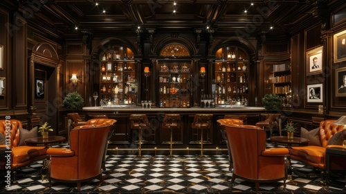 Upscale bar with dark wood paneling, leather chairs, tiled floor.