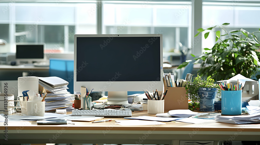 Fototapeta premium Messy Office Desk with Computer, Papers, and Supplies