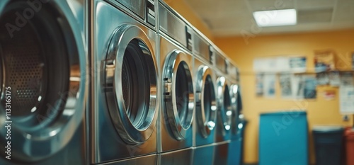 A row of modern washing machines in a laundromat setting. photo